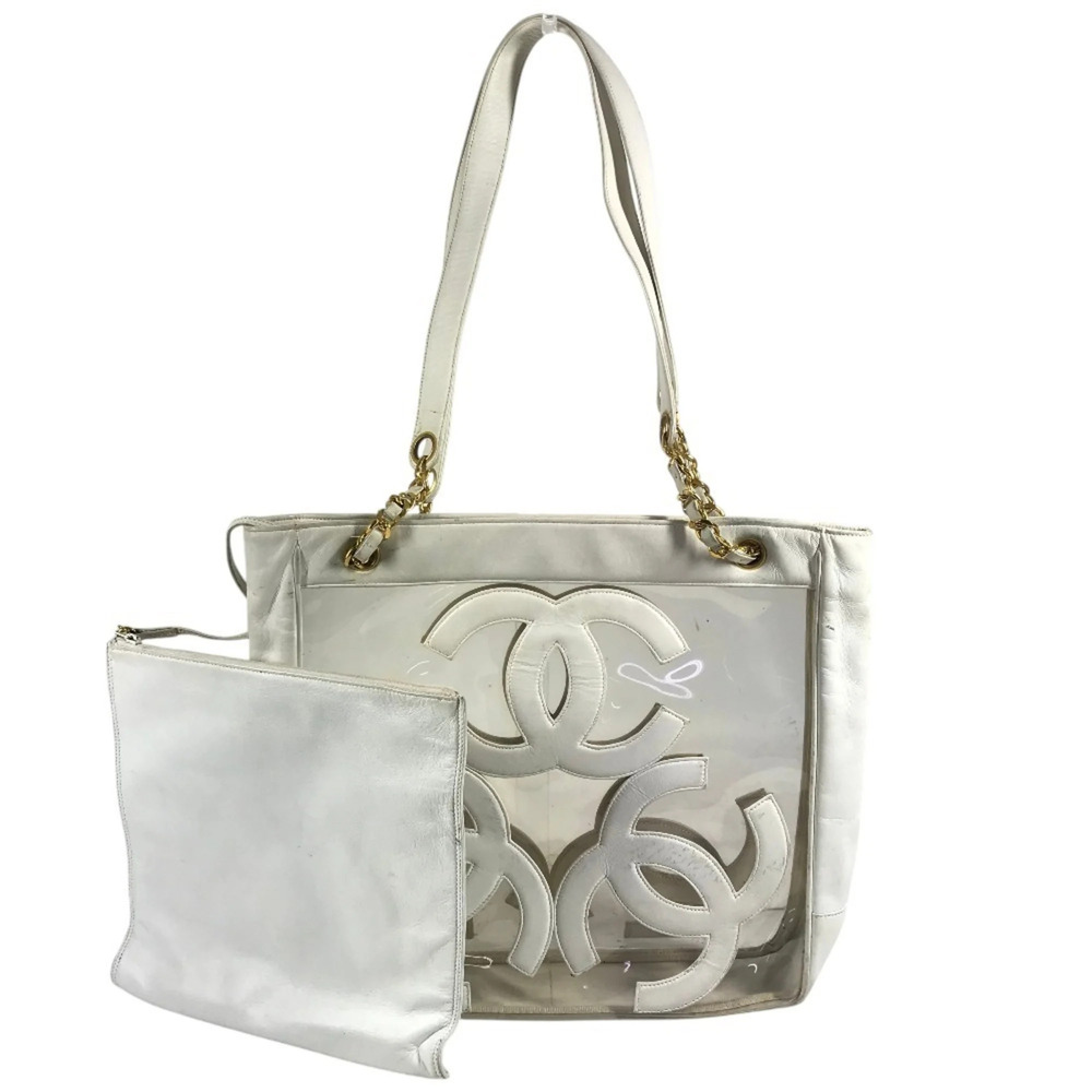CHANEL Vintage White Leather Logo Shoulder Bag